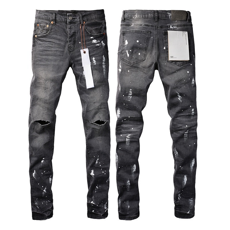 Wholesale High Quality Branded Streetwear Pants Slim Fit Mid Straight Moustache Effect Distressed Wash Purple Men's Jeans