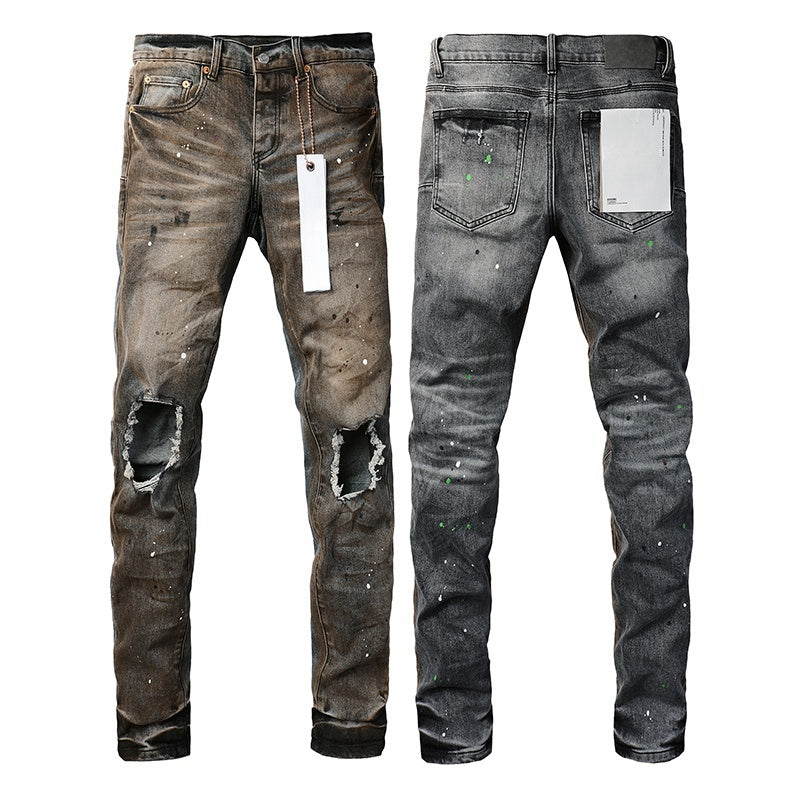 Wholesale High Quality Branded Streetwear Pants Slim Fit Mid Straight Moustache Effect Distressed Wash Purple Men's Jeans