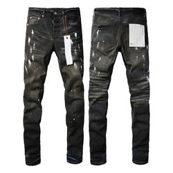 Wholesale High Quality Branded Streetwear Pants Slim Fit Mid Straight Moustache Effect Distressed Wash Purple Men's Jeans