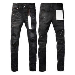 Wholesale High Quality Branded Streetwear Pants Slim Fit Mid Straight Moustache Effect Distressed Wash Purple Men's Jeans