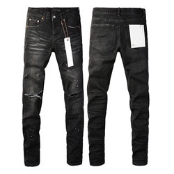 Wholesale High Quality Branded Streetwear Pants Slim Fit Mid Straight Moustache Effect Distressed Wash Purple Men's Jeans