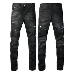 Wholesale High Quality Branded Streetwear Pants Slim Fit Mid Straight Moustache Effect Distressed Wash Purple Men's Jeans