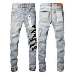 Wholesale High Quality Branded Streetwear Pants Slim Fit Mid Straight Moustache Effect Distressed Wash Purple Men's Jeans