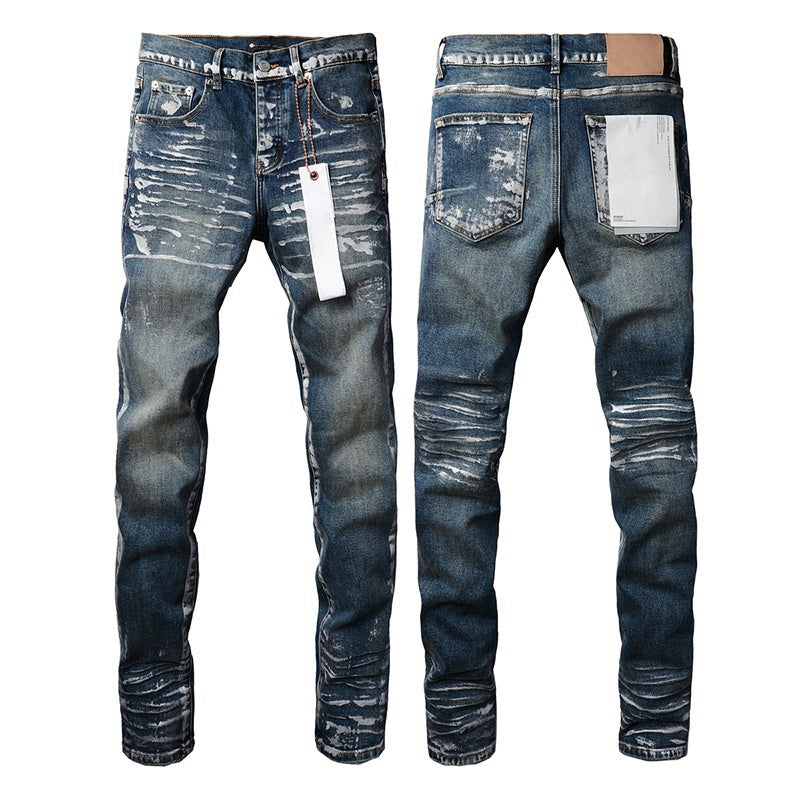 Wholesale High Quality Branded Streetwear Pants Slim Fit Mid Straight Moustache Effect Distressed Wash Purple Men's Jeans