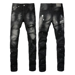 Wholesale High Quality Branded Streetwear Pants Slim Fit Mid Straight Moustache Effect Distressed Wash Purple Men's Jeans