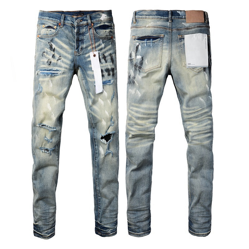 Wholesale High Quality Branded Streetwear Pants Slim Fit Mid Straight Moustache Effect Distressed Wash Purple Men's Jeans