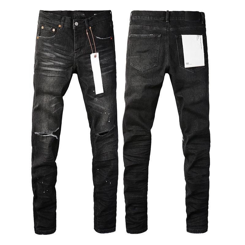 Wholesale High Quality Branded Streetwear Pants Slim Fit Mid Straight Moustache Effect Distressed Wash Purple Men's Jeans