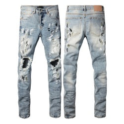 Wholesale High Quality Branded Streetwear Pants Slim Fit Mid Straight Moustache Effect Distressed Wash Purple Men's Jeans