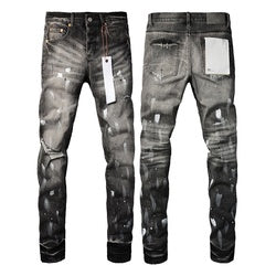 Wholesale High Quality Branded Streetwear Pants Slim Fit Mid Straight Moustache Effect Distressed Wash Purple Men's Jeans