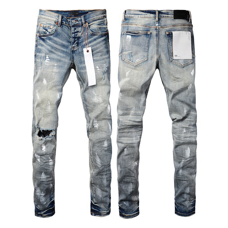 Wholesale High Quality Branded Streetwear Pants Slim Fit Mid Straight Moustache Effect Distressed Wash Purple Men's Jeans